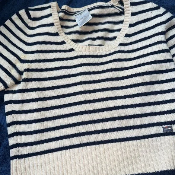 Vintage Chanel Cashmere Cropped Short Sleeve Striped Sweater Size 38